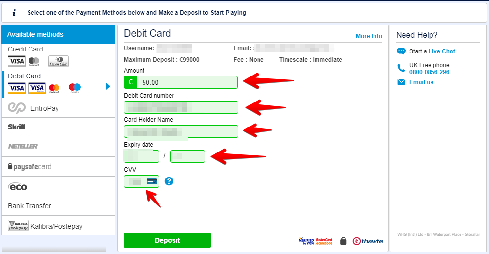 William Hill screenshot displaying data entry fields for MasterCard betting deposit 1